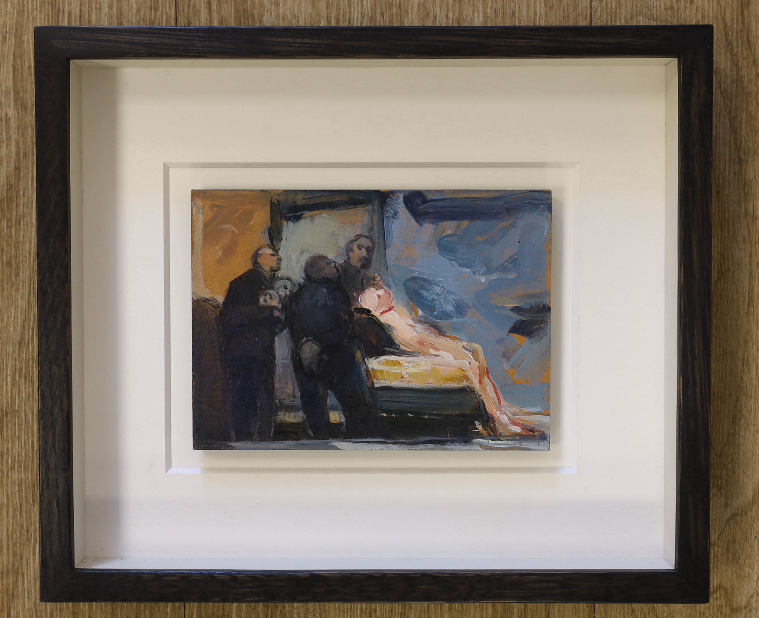 Charlotte Snook, contemporary oil on board, 'The Doctors', label and pencil signature verso, 14.5 x 10cm